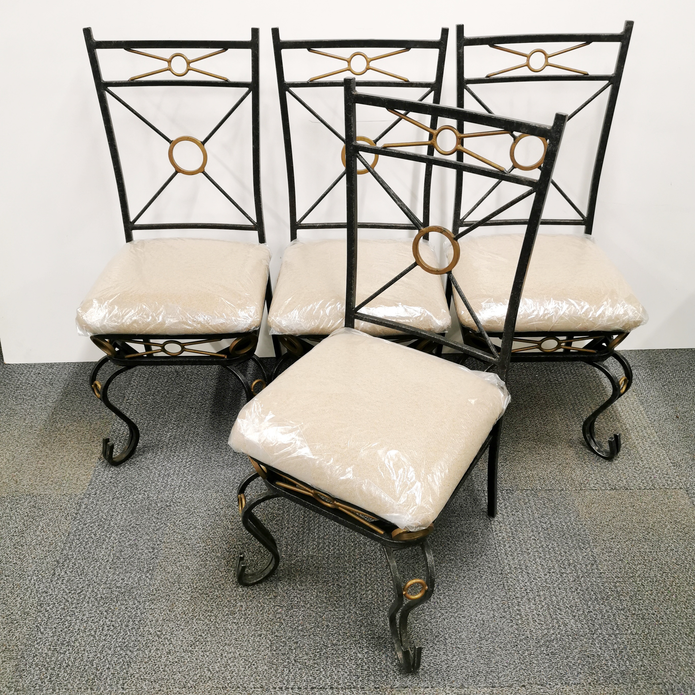 An interesting vintage wrought metal display stand and matching marble topped table and four - Image 6 of 7