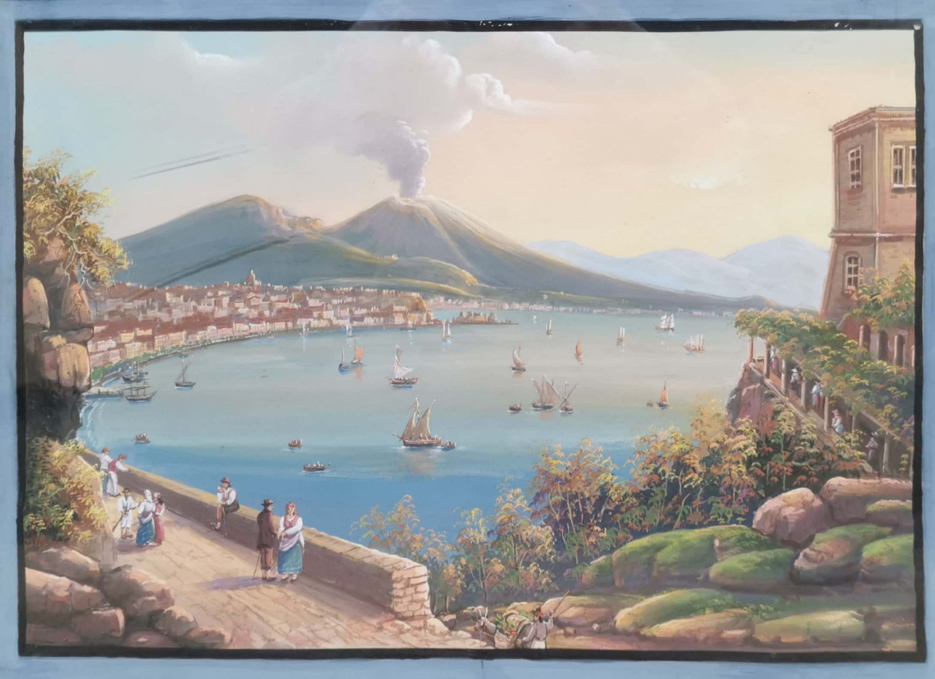 A large gilt framed gouache of the bay of Naples and mount Vesuvius, frame size 79 x 66cm. - Image 2 of 3