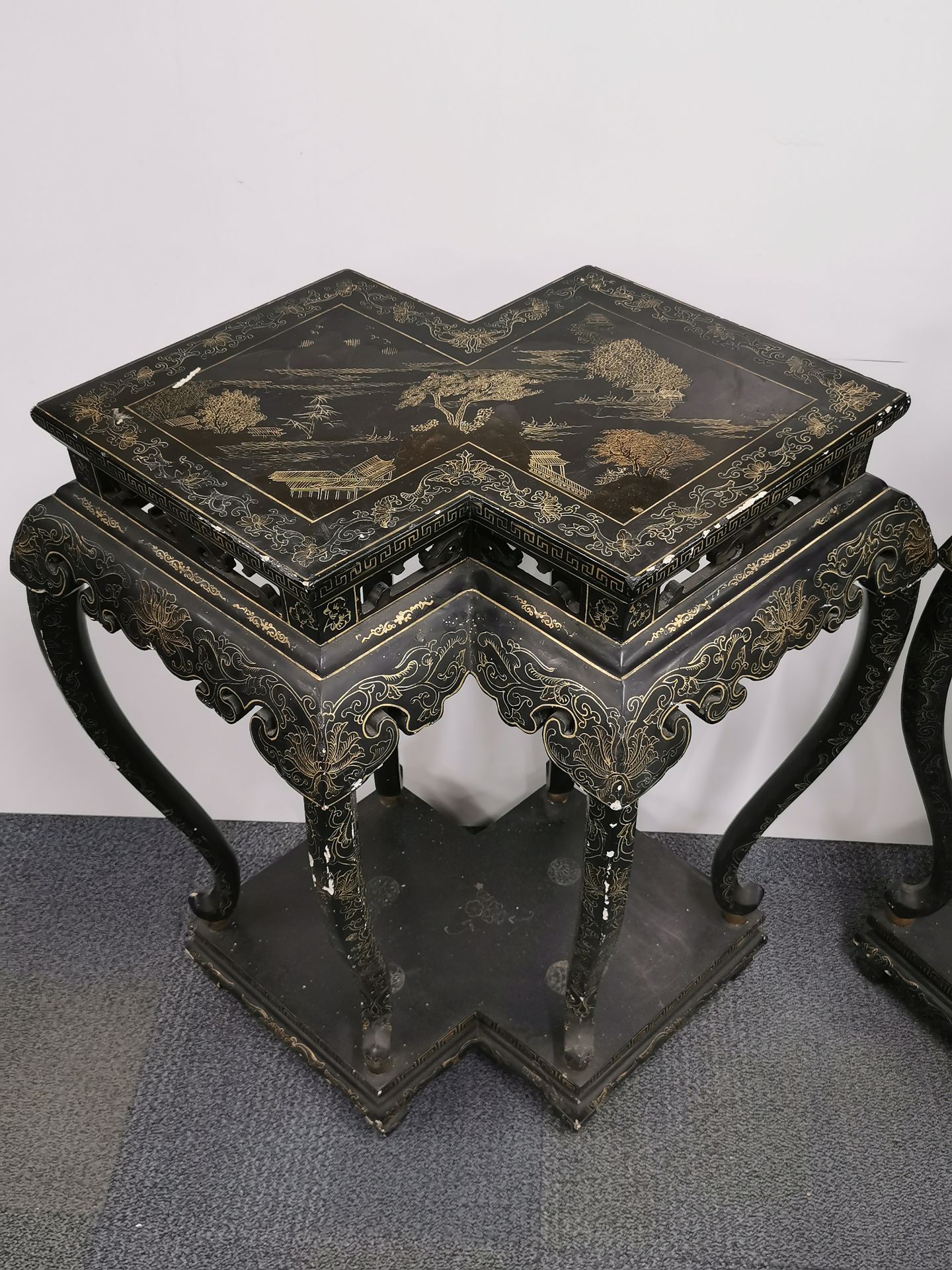 A pair of interesting Chinese lacquered carved wood stands, W. 86cm, H. 90cm. - Image 2 of 4