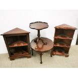 A mahogany ball and claw foot wine table, together with small side table and two corner shelves.