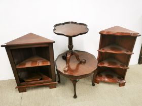 A mahogany ball and claw foot wine table, together with small side table and two corner shelves.