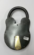 A very large cast iron and brass padlock, H. 38cm.