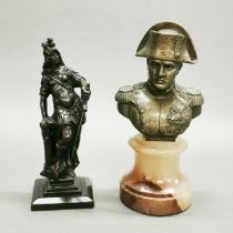 A small cast bronze classical figure, H. 19cm. Together with a cast spelter and alabaster bust of