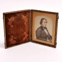 A 19thC hand painted portrait miniature of a gentleman, case size 11 x 14cm.