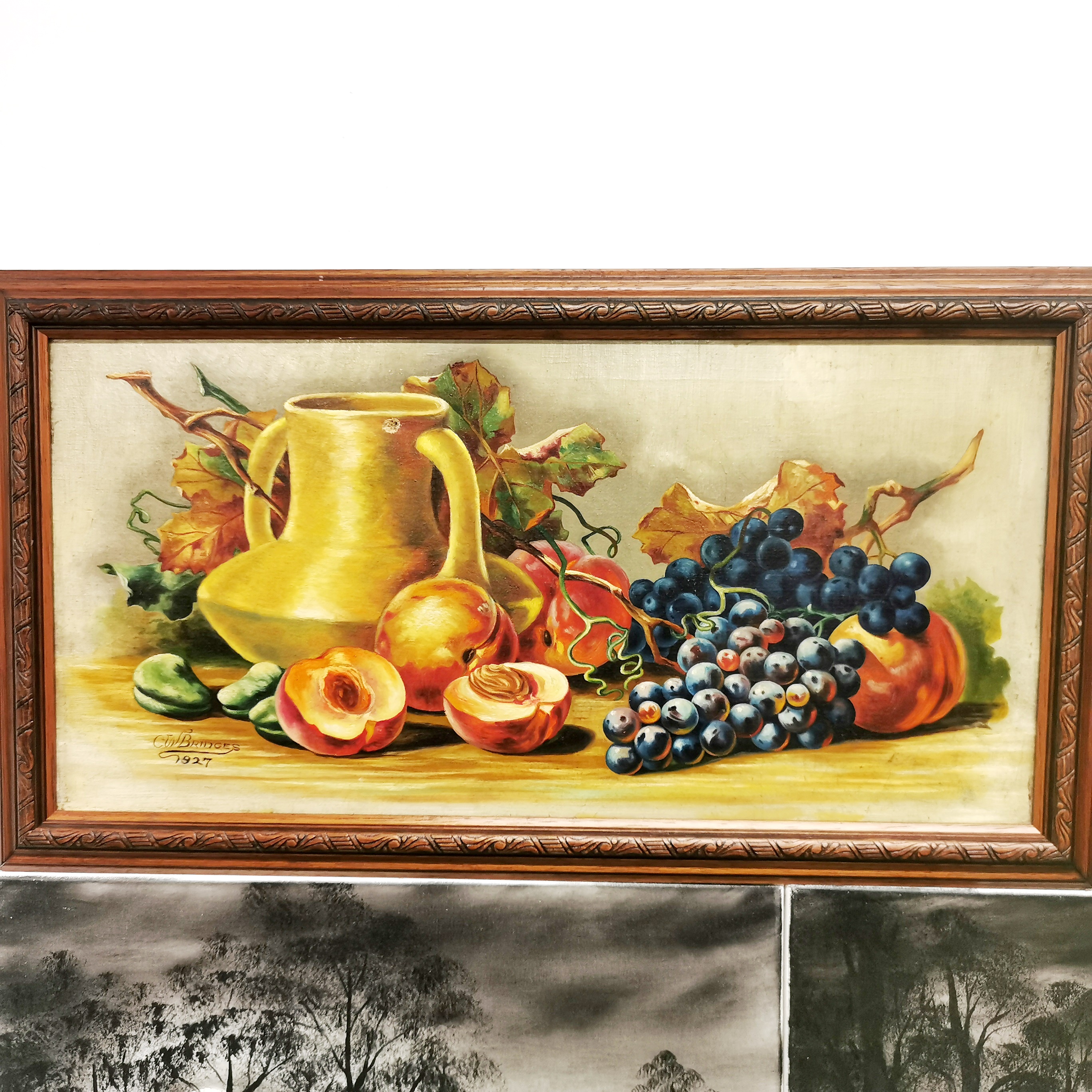 A pair of 1920's framed oils on canvas, still life fruit, 69 x 38cm, together with three further - Image 3 of 4