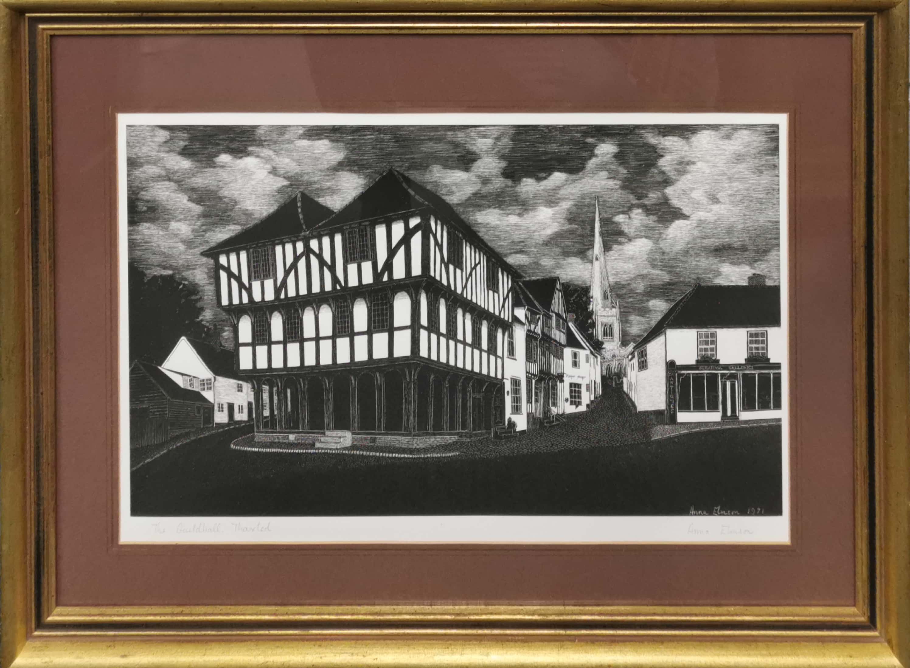 Anna Elinson (British). Pencil signed dry point etching of the guild hall, Thaxted. Frame size. 51cm