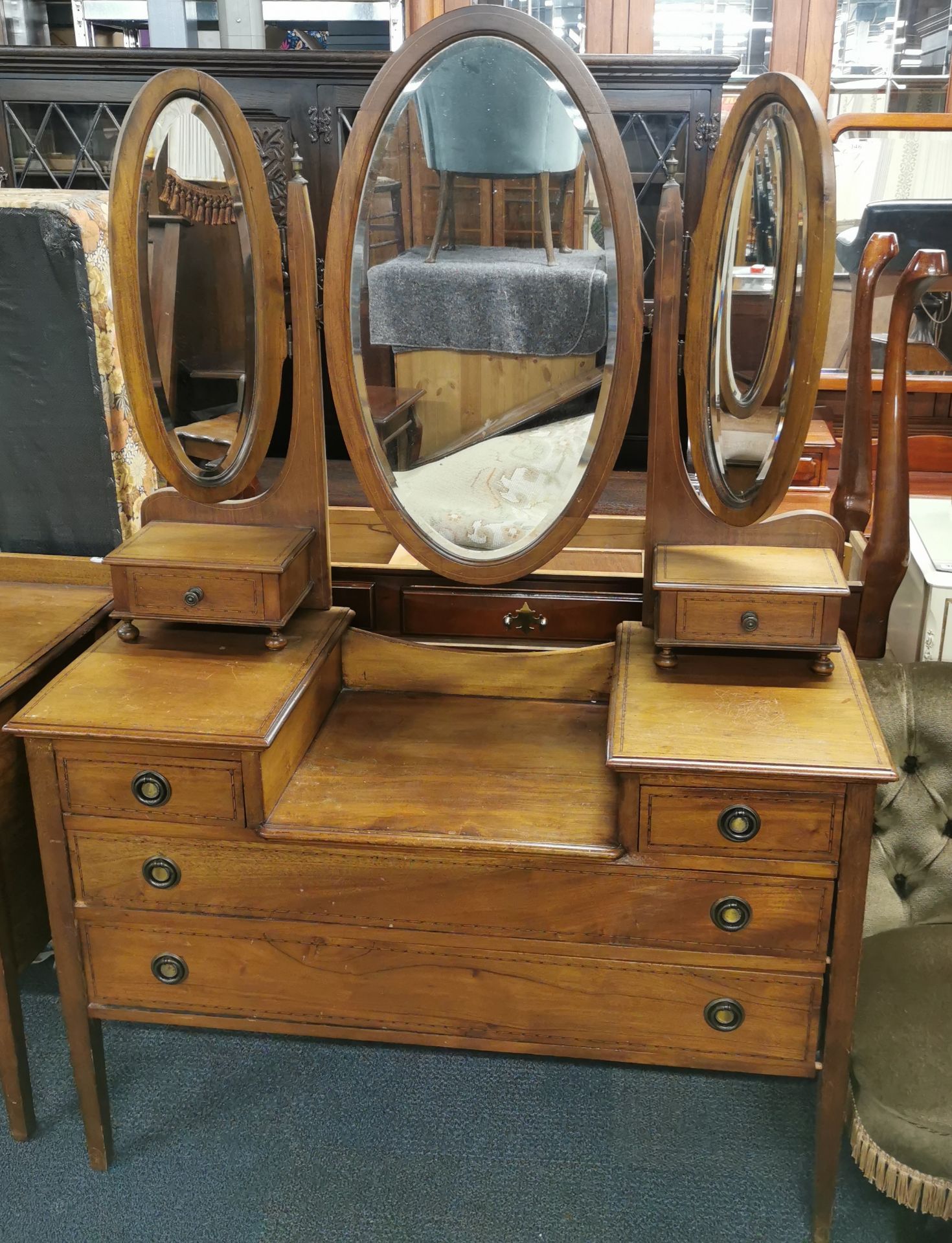 An inlaid mahogany six drawer dressing table and mirrors, overall 170 x 112 x 48cm, together with an - Image 4 of 7