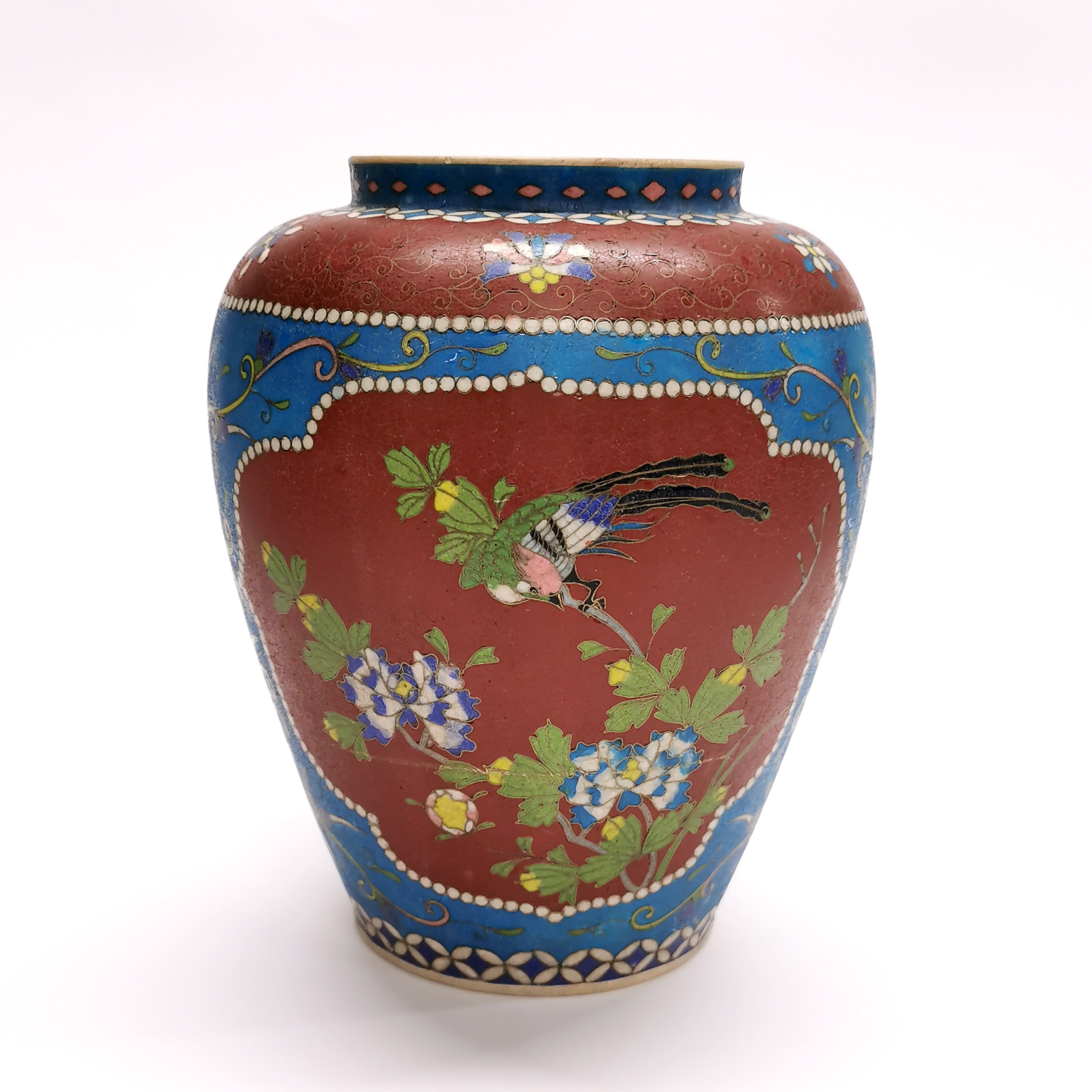 An unusual early 20th century Chinese cloisonne on ceramic vase, H. 22cm. - Image 3 of 4