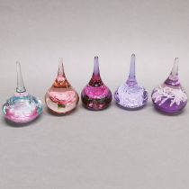 A group of five tear drop paperweights, H. 12cm.