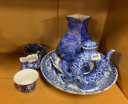 A group of blue and white porcelain items.