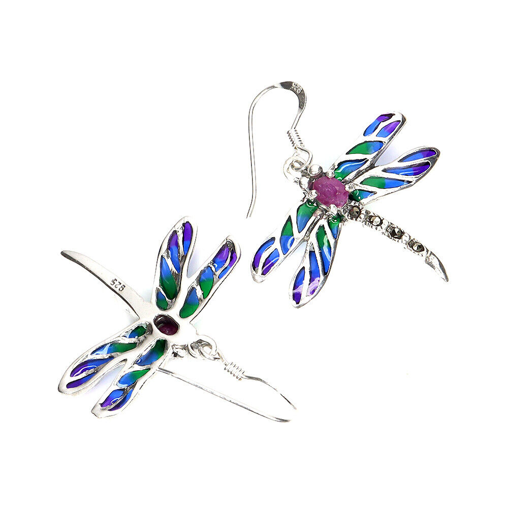A pair of 925 silver enamelled drangonfly shaped earrings set with oval cut rubies, L. 3.5cm. - Image 2 of 2