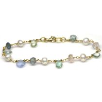 A gold on 925 silver bracelet set with pearls, polished aquamarine, chalcedony and rose quartz,