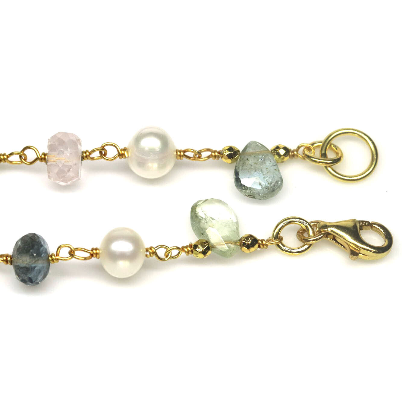 A gold on 925 silver bracelet set with pearls, polished aquamarine, chalcedony and rose quartz, - Image 2 of 3