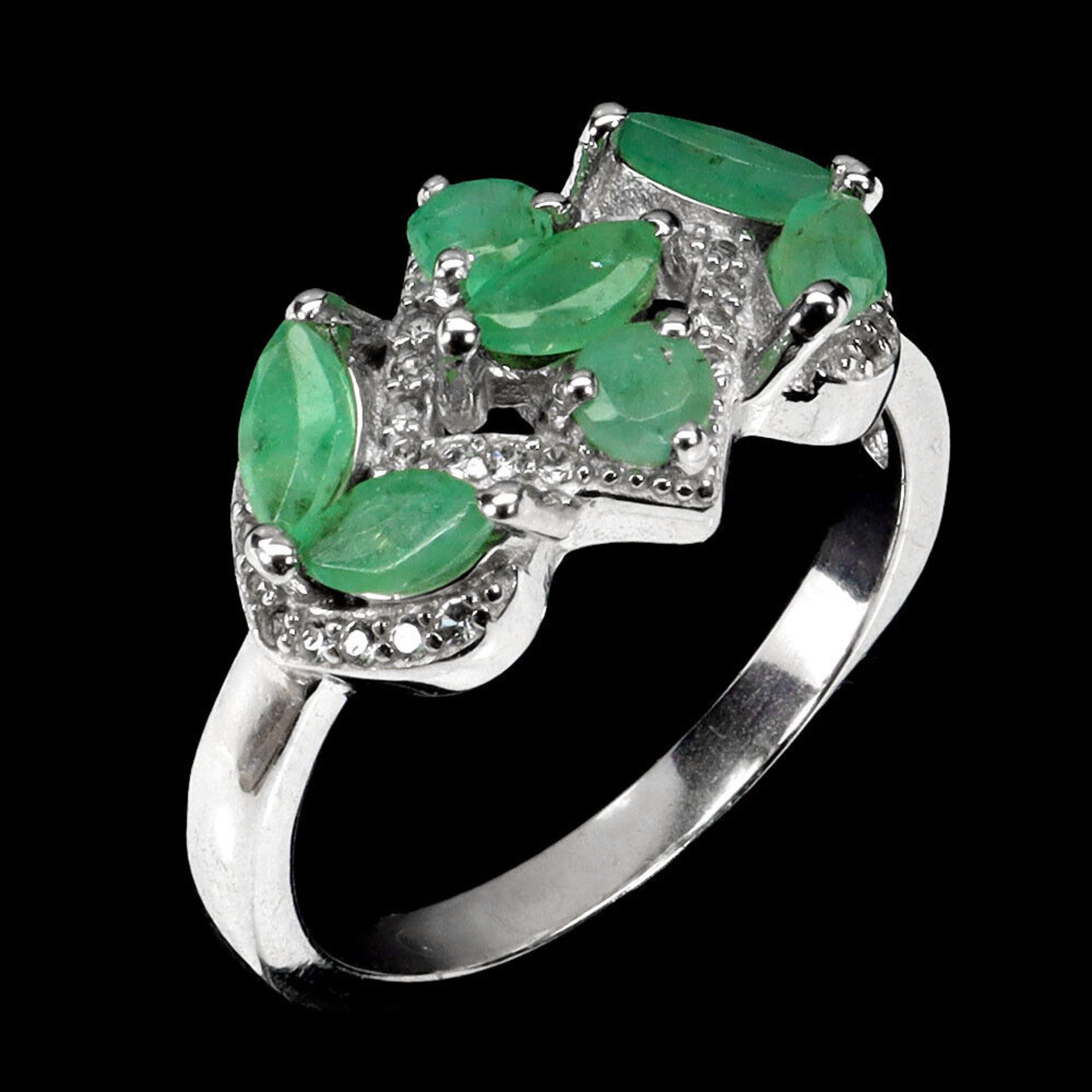 A matching 925 silver ring set with marquise cut emeralds and white stones, ring size N. - Image 2 of 3