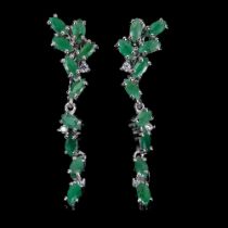 A pair of 925 silver drop earrings set with oval and marquise cut emeralds, L. 4cm.