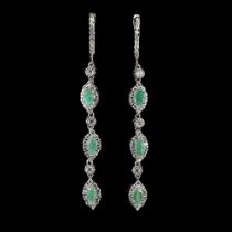 A pair of 925 silver drop earrings set with marquise cut emeralds and white stones, L. 6.2cm.