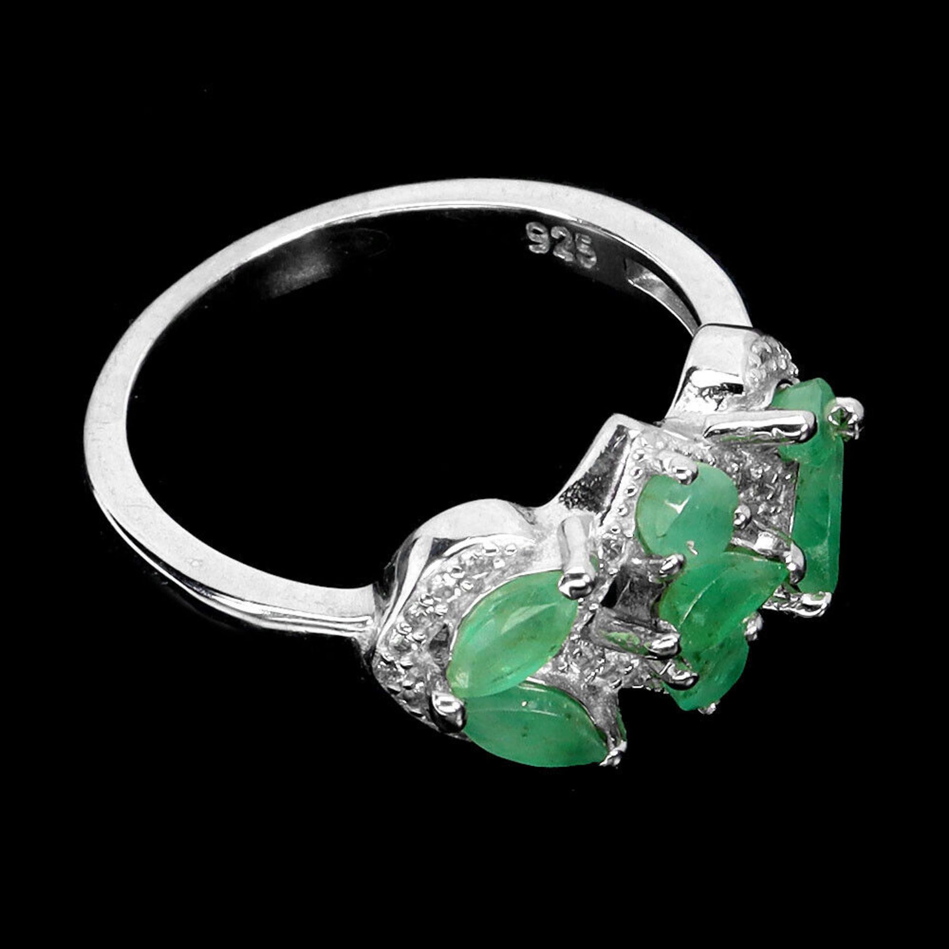 A matching 925 silver ring set with marquise cut emeralds and white stones, ring size N. - Image 3 of 3