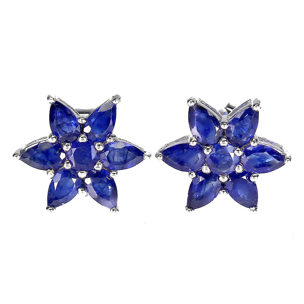 A matching pair of 925 silver cluster earrings set with pear and round cut sapphires, dia. 1.4c