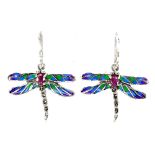 A pair of 925 silver enamelled drangonfly shaped earrings set with oval cut rubies, L. 3.5cm.