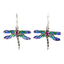 A pair of 925 silver enamelled drangonfly shaped earrings set with oval cut rubies, L. 3.5cm.