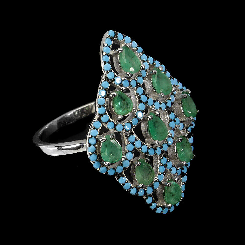 A 925 silver ring set with pear cut emeralds and turquoises, ring size O. - Image 3 of 3