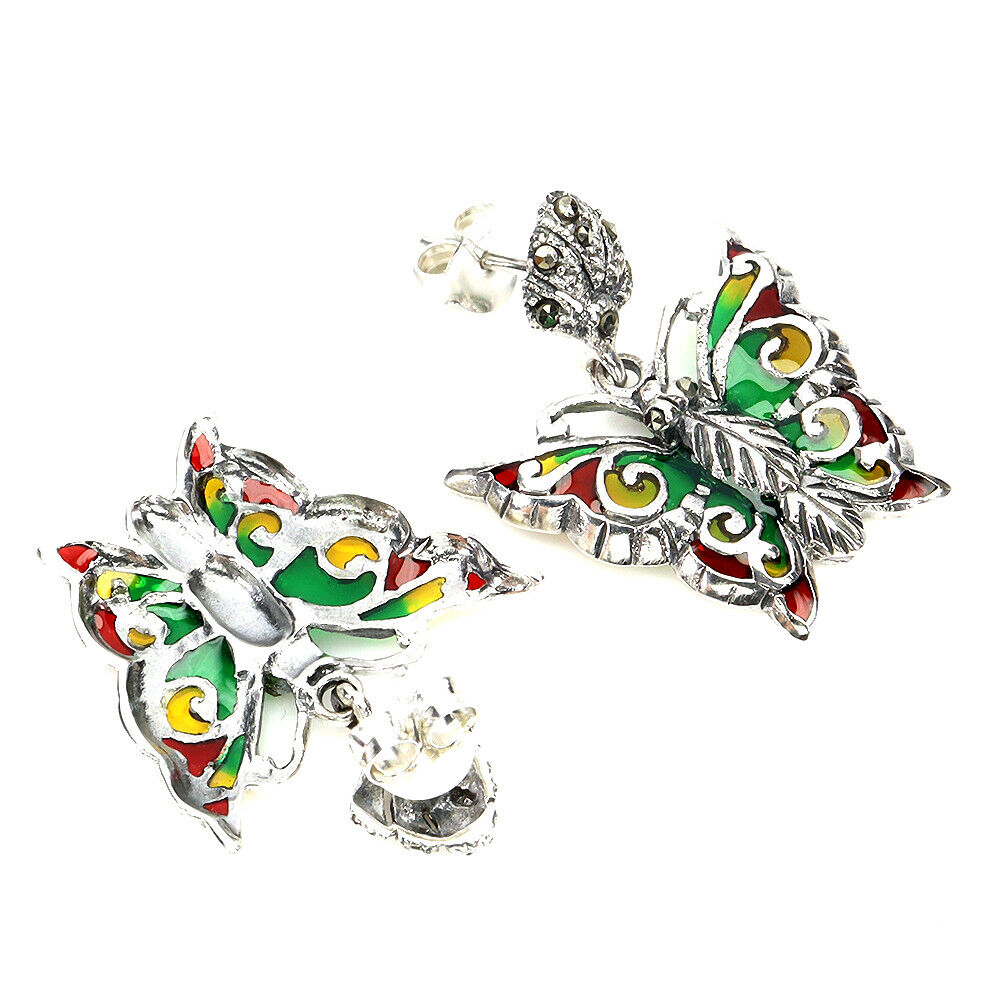A pair of 925 silver enamelled butterfly shaped earrings set with marcasite, L. 3.1cm. - Image 2 of 2