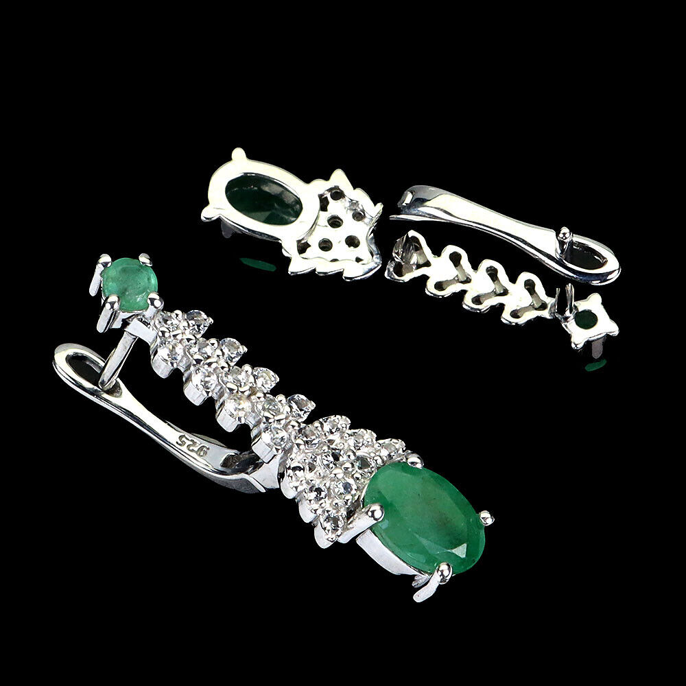 A pair of 925 silver drop earrings set with oval cut emeralds and white stones, L. 2.5cm. - Image 2 of 2