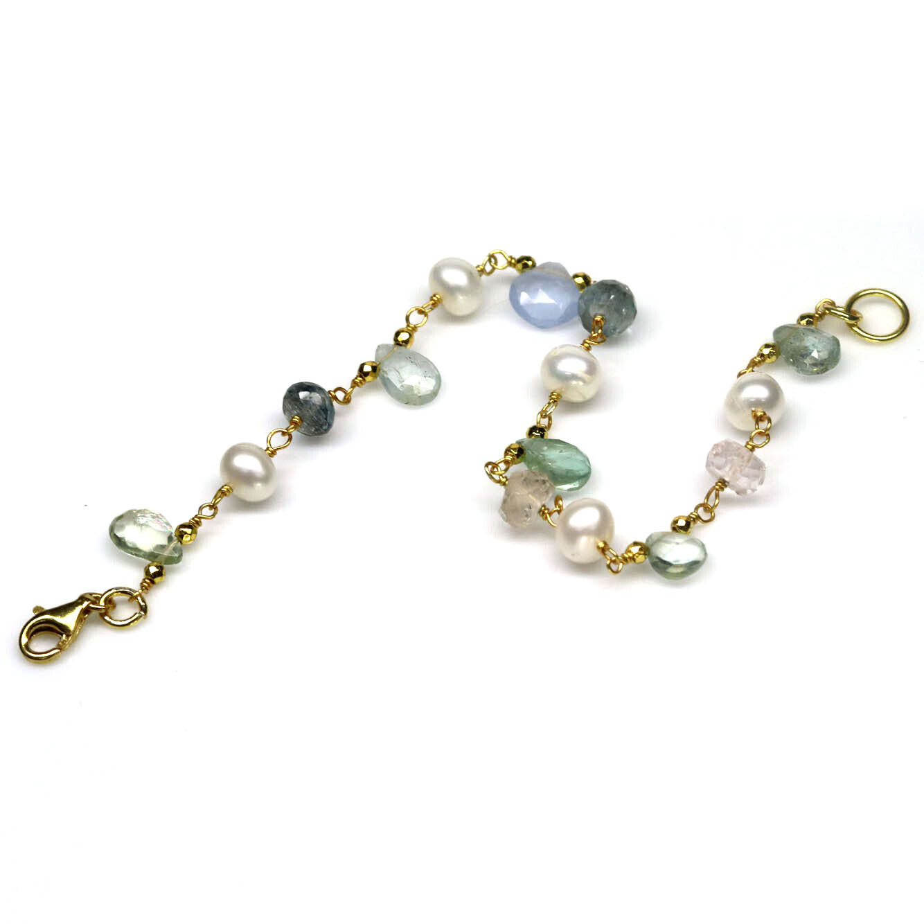 A gold on 925 silver bracelet set with pearls, polished aquamarine, chalcedony and rose quartz, - Image 3 of 3