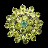 A large 925 silver cluster ring set with peridots and emeralds, dia. 2.8cm, ring size Q.