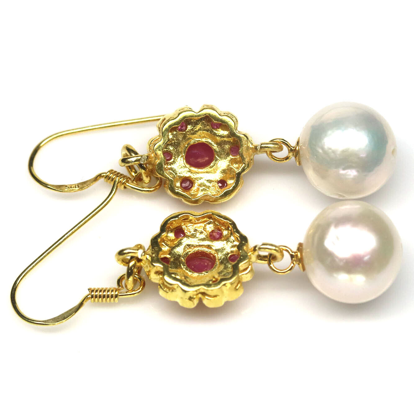 A pair of gold on 925 silver drop earrings set with rubies and pearls, L. 4.4cm. - Image 2 of 2