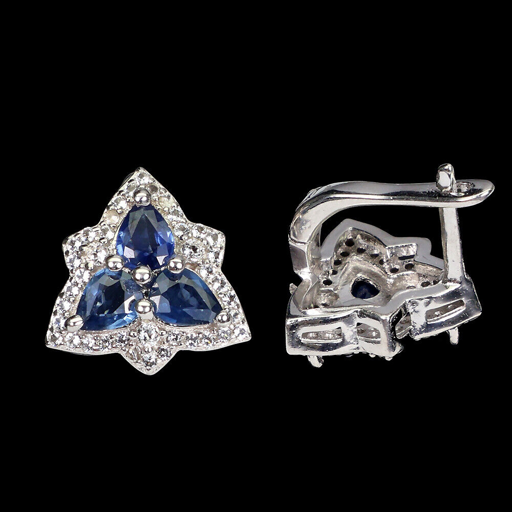 A pair of 925 silver earrings set with trillion cut sapphires and white stones, L. 1.4cm. - Image 2 of 2