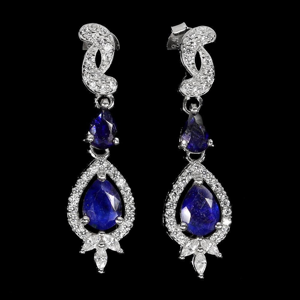 A pair of 925 silver drop earrings set with pear cut sapphires and white stones, L. 3.2cm.