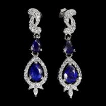 A pair of 925 silver drop earrings set with pear cut sapphires and white stones, L. 3.2cm.