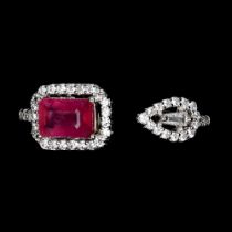 A matching 925 silver ring set with emerald cut rubies and white stones, ring size N.