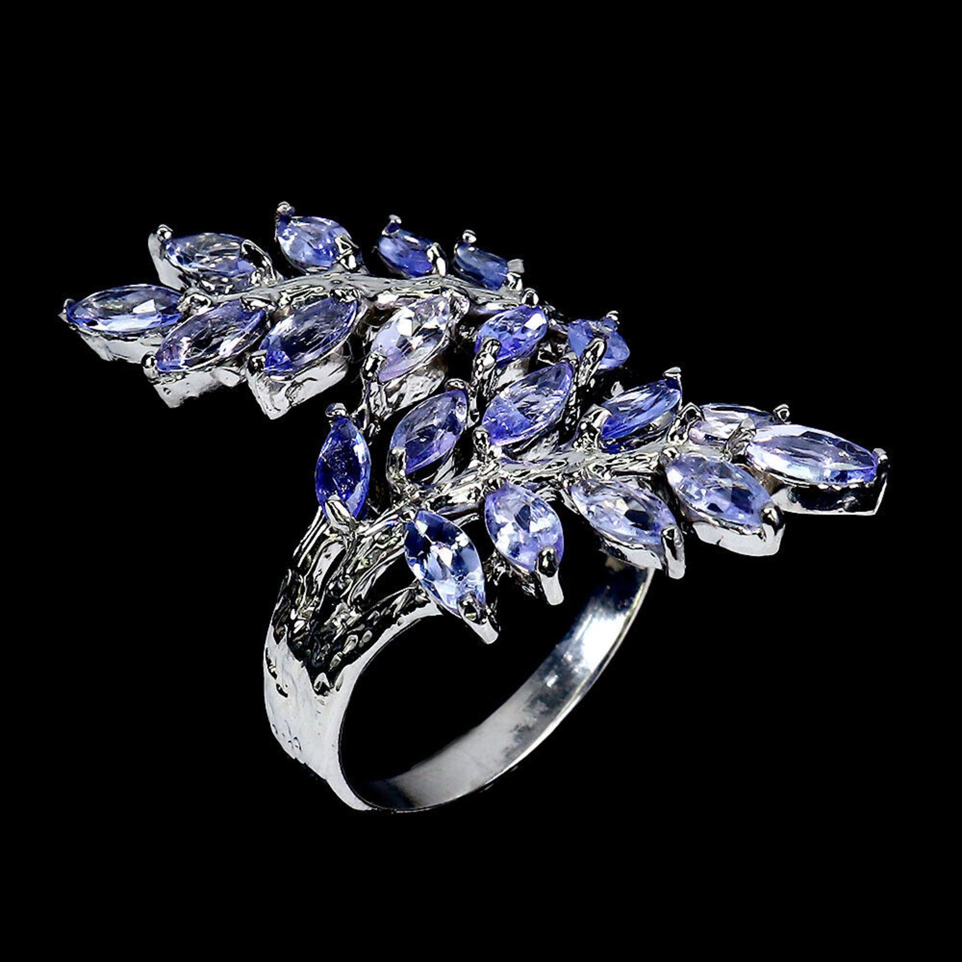 A 925 silver ring set with marquise cut tanzanites, ring size N.5. - Image 2 of 3