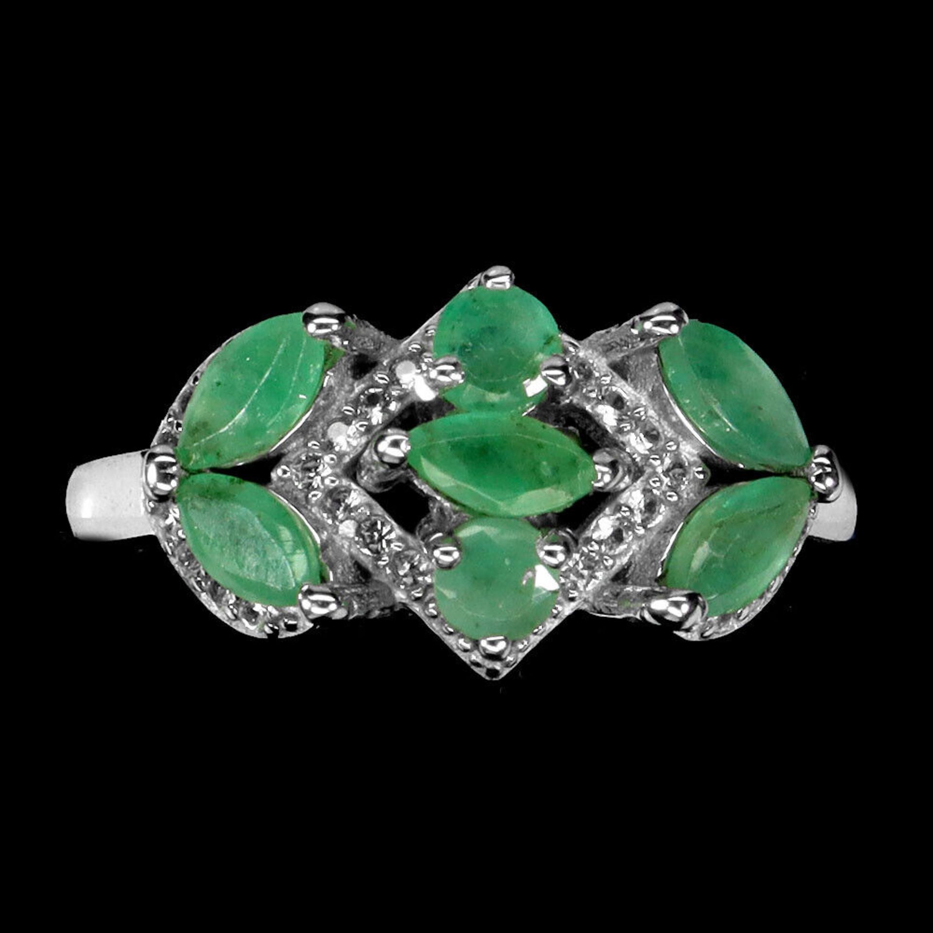 A matching 925 silver ring set with marquise cut emeralds and white stones, ring size N.