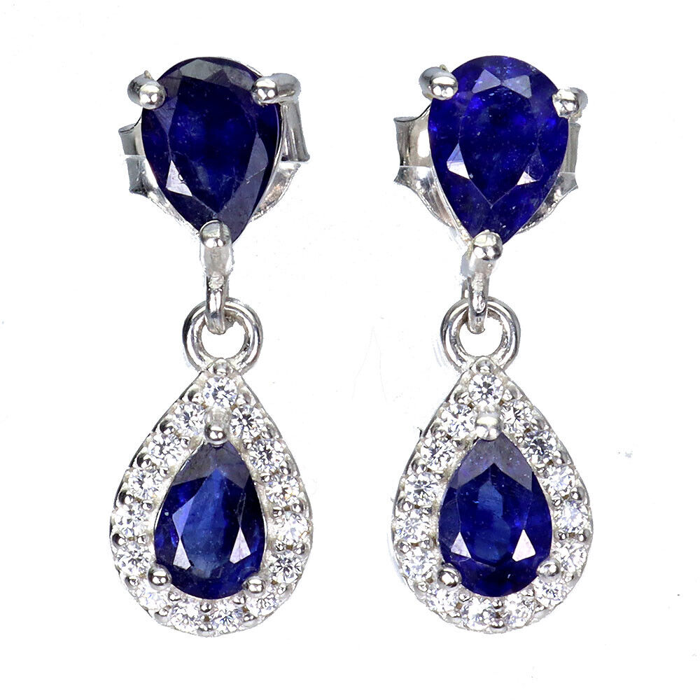 A pair of 925 silver drop earrings set with pear cut sapphires and white stones, L. 2cm.