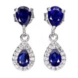 A pair of 925 silver drop earrings set with pear cut sapphires and white stones, L. 2cm.