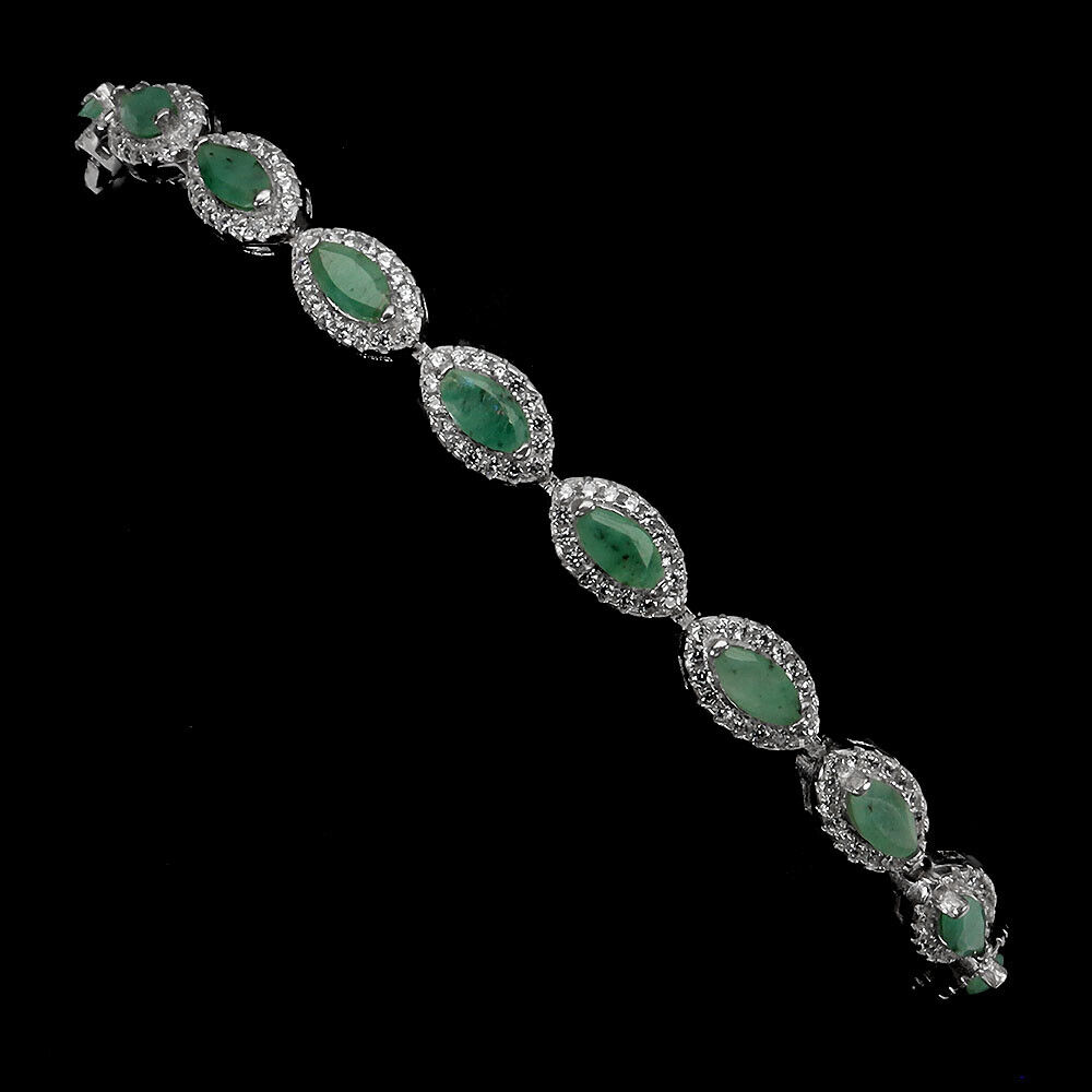 A 925 silver bracelet set with marquise cut emeralds and white stones, L. 18cm. - Image 2 of 3