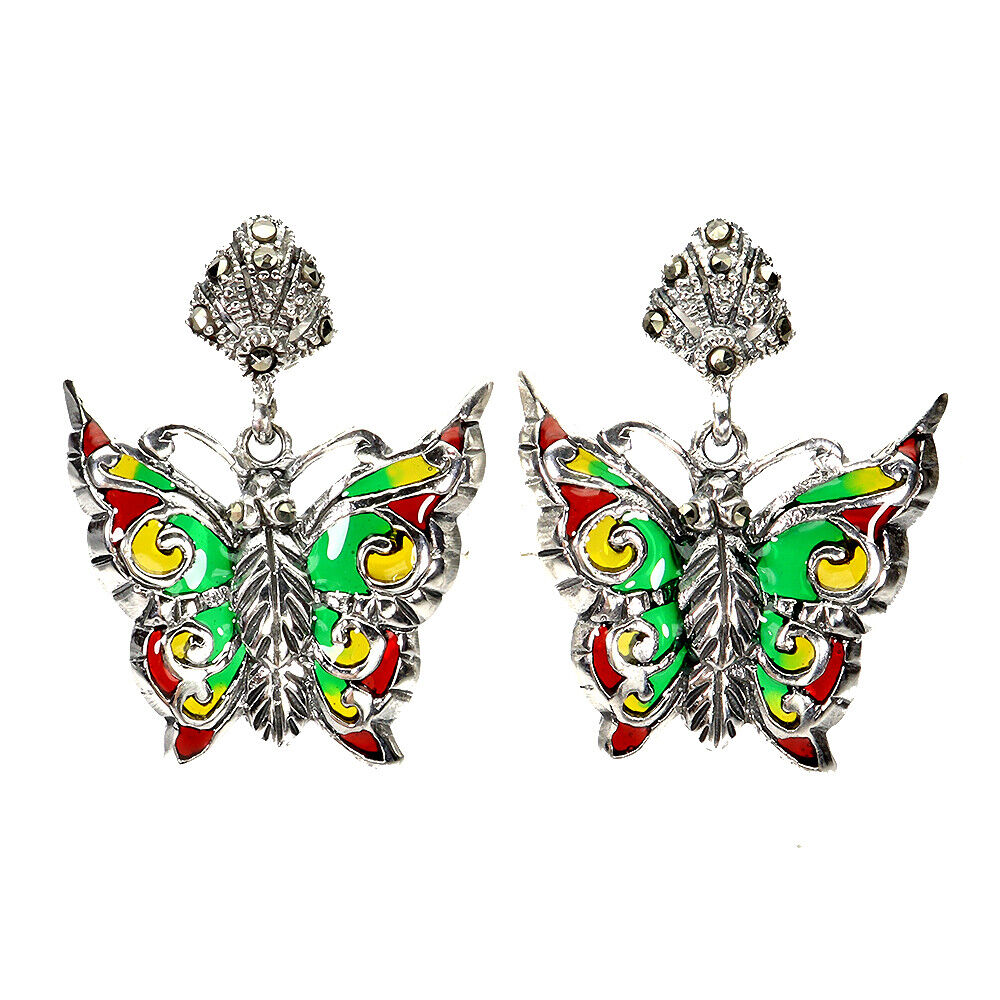 A pair of 925 silver enamelled butterfly shaped earrings set with marcasite, L. 3.1cm.