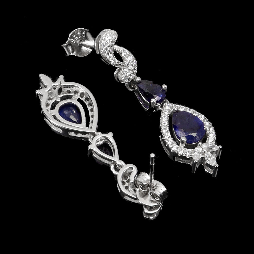 A pair of 925 silver drop earrings set with pear cut sapphires and white stones, L. 3.2cm. - Image 2 of 2