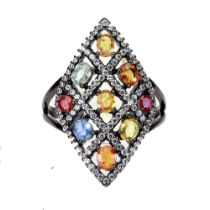 A 925 silver ring set with fancy colour sapphires and white stones, ring size P.