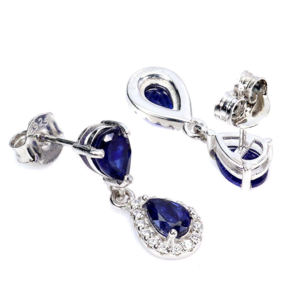 A pair of 925 silver drop earrings set with pear cut sapphires and white stones, L. 2cm. - Image 2 of 2