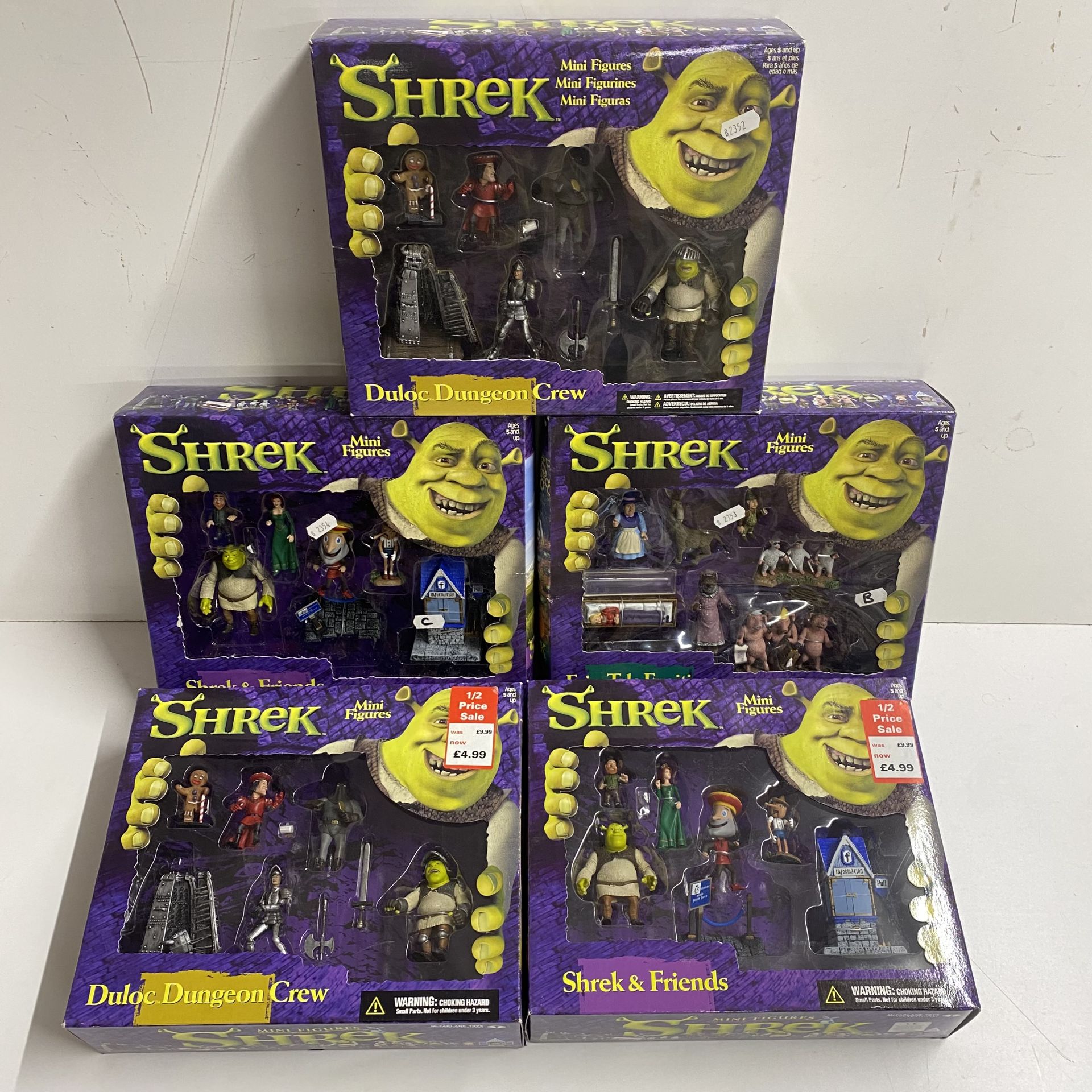 Five boxed Shrek mini figures sets by McFarlane toys.