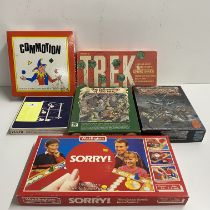 Six board games including Sorry.