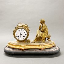 A 19thC French gilt spelter mantle clock on gilt wooden and dome base, H. 25cm W. 29cm.
