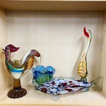 A large Murano glass figure of a cockerel, H. 27cm. Together with three other good glass items.