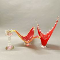 A group of three interesting large Murano glass items, Tallest. 43cm.