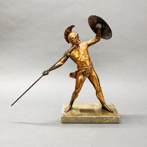A mid 20thC copperized metal figure of Achilles on a stone base, H. 40cm.