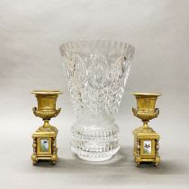 A pair of 19thC brass and porcelain urn garnitures, H. 21cm.